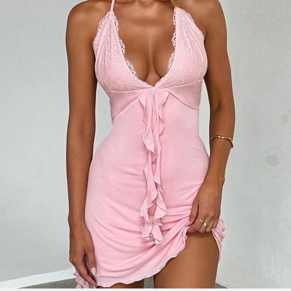 Tiger Mist Blush Lace Halter Dress
